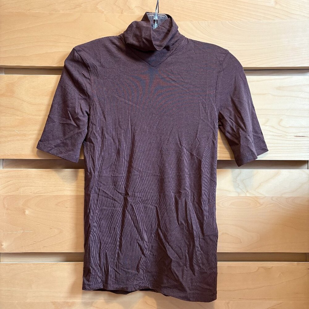 NWT ZARA BROWN SHORT SLEEVE MOCK NECK TURTLENECK TOP, SIZE: S